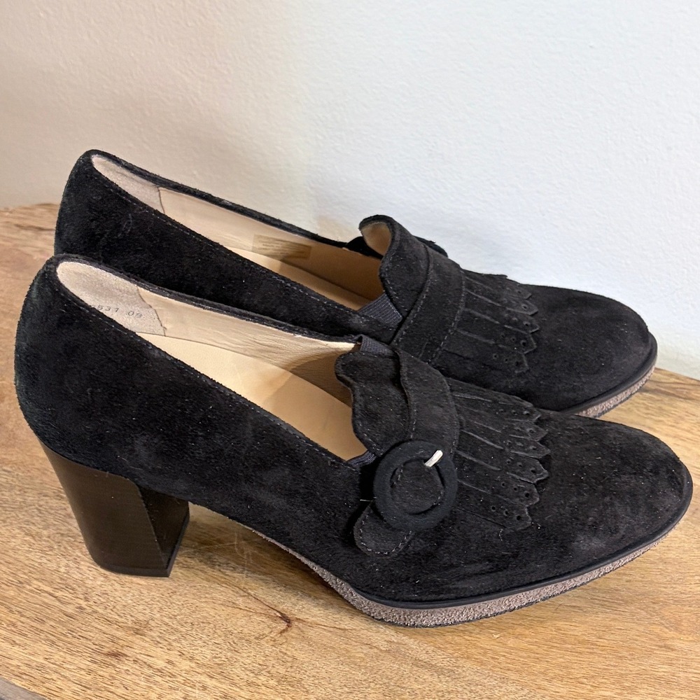 Ara Black Suede Kiltie Fringe Heeled Loafers Block Heel Pumps UK 4.5 US 7